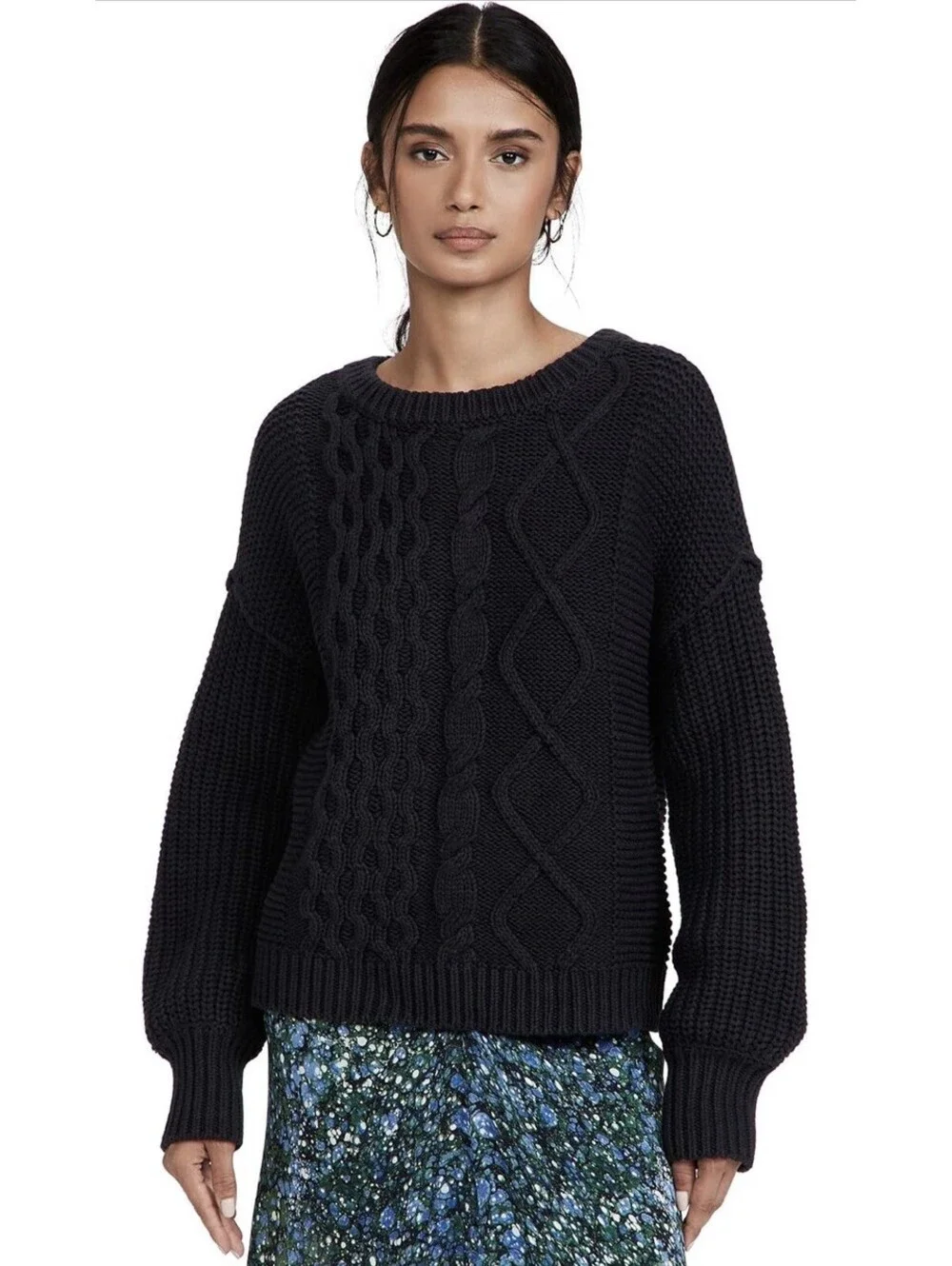 New Free People Dream Cable Knit Crew Neck Sweater Women Size M- Black Oversized